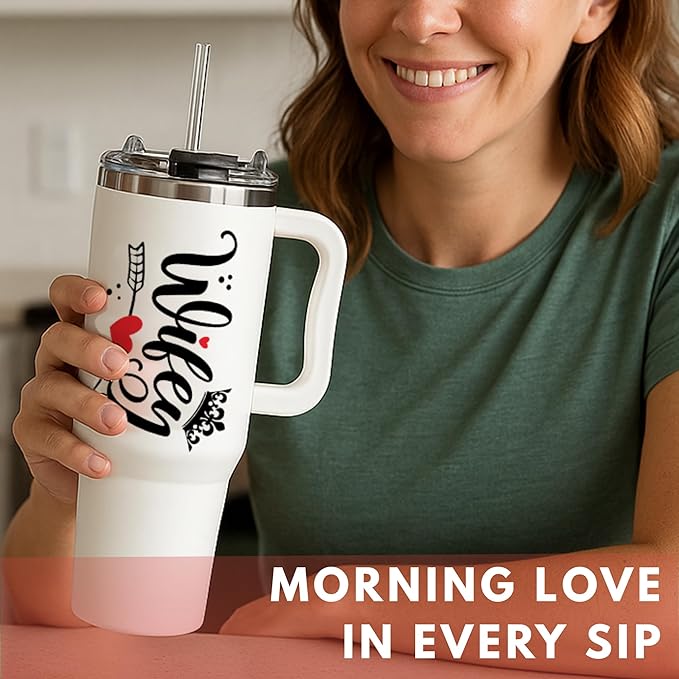 Christmas Gifts For Wife - Wife Tumbler 40Oz from Husband, Wifey Gifts on Birthday & Anniversary, Present Ideas for Wifey Her, Cool Wedding Coffee Cup with Straw and Handle, Drinking Mug for Women