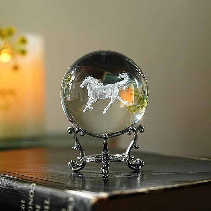 ZEERSHEE 60mm 3D Horse Crystal Ball Figurines with Stand Chinese Zodiac Glass Ball Feng Shui Sphere Home Table Decor