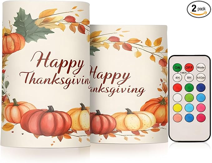 ALAZA Pumpkin Happy Thanksgiving Flickering Flameless Candles Battery Operated with Remote Timer,Tea Light Candles LED Pillar Votive Candles Set of 2 for Outdoor Indoor Decorations