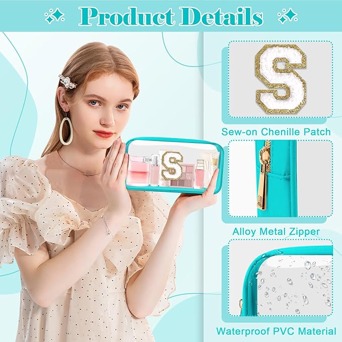 Personalized Initial Letter Clear Makeup Bag,Preppy Small Nylon&PVC Cosmetic Zipper Bag with Chenille Letter,Portable Beach Travel Skincare Toiletry Bag,Trendy Monogram Gift for Teen Girls Women,S