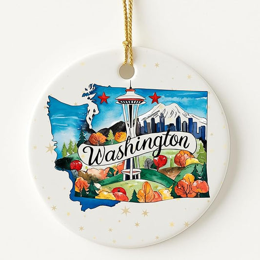 USA State Landmark Ceramic Ornament – Round Glossy Christmas Decoration Featuring U.S. State Art, Landmarks & Holiday Scenery – Collectible Travel Souvenir Ornament Series (Washington)