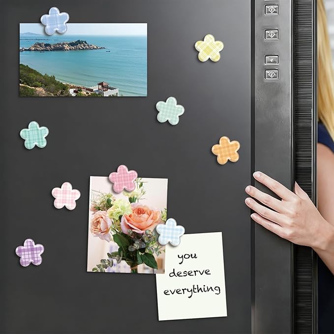 16 Pcs Floral Gingham Fridge Magnets, Strong Magnetic Cute Small Decorative Designs for Office, Kitchen, Home, School, Locker, Cabinet, Whiteboard & Gift, Flowers Magnet