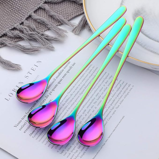 Buyer Star 8-Inch Long Handle Iced Tea Spoons, Ice Cream Spoon, Stainless Steel Cocktail Stirring Spoons, Set of 8 (Rainbow)