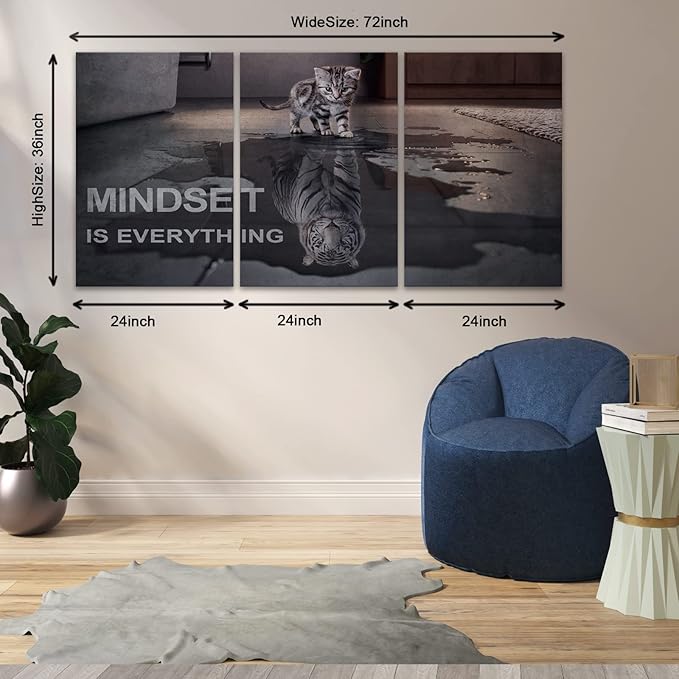 Motivational Canvas Wall Art Mindset is Everything Small Cat Big Tiger Posters Prints 3 Pieces Inspirational Quote Painting for Office Bedroom Decor (72" W x 36" H, Y-Mindset)