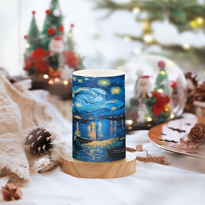 ALAZA Starry Night Over The Rhone Flickering Flameless Candles Battery Operated with Remote Timer,Tea Light Candles LED Pillar Votive Candles Set of 2 for Outdoor Indoor Decorations