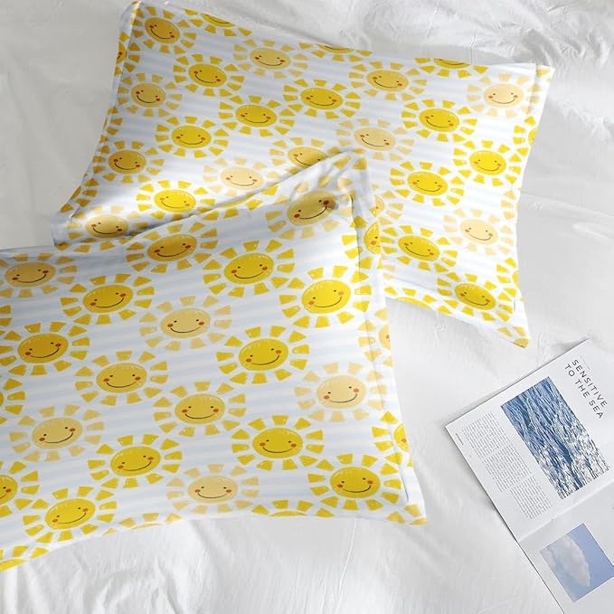 Comforter Set Twin Size, Cute Sunshine Sun 5 Pcs Bedding for Kids and Adults, Beach Summer Happy Bed Sheet Sets with Fitted Sheet Pillowcase & Sham for Bedroom Bed Decor