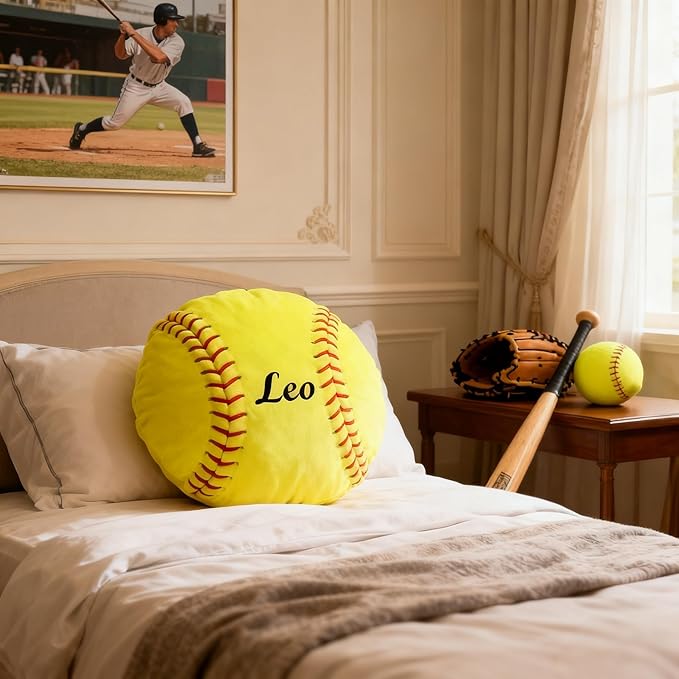 Personalized Name Softball Pillow Custom Name Softball Pillow for Boys Girls Customized for Softball Fans Kids Birthday Sports Room Decore Game Day Sofa Cushion