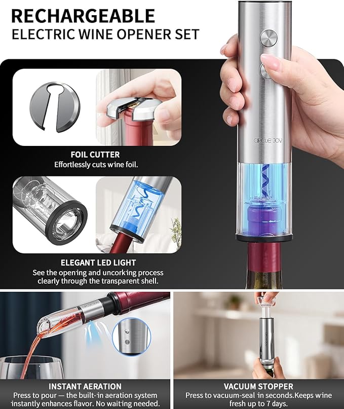 CIRCLE JOY Electric Wine Bottle Opener Set Stainless Steel Rechargeable Wine Opener 8-in-1 Wine Gift Set with Charging base, Foil Cutter, Wine Aerator Pourer, Vacuum Pump & 2 Wine Stoppers