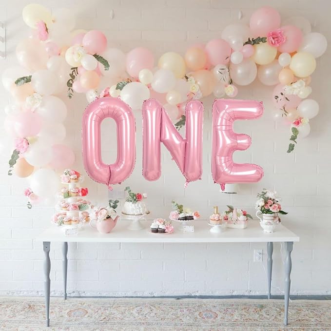 40 Inch Pastel Pink ONE Balloon for 1st Birthday - Light Pink Letters With Ribbon - Baby Pearl Alphabet for Girls First Birthday, 1 Year Old Baby Shower Party Decorations