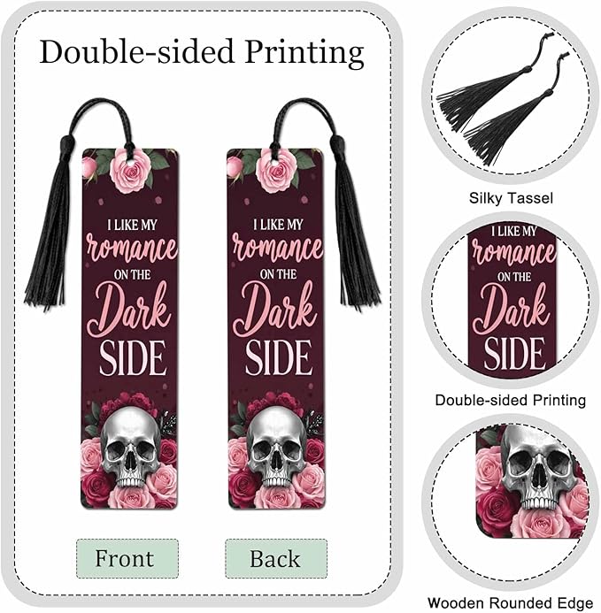 Romantic Skull Rose 5 Pcs Bookmarks Flower Halloween Valentine Dark Red Wooden Bookmarks with Tassel for Students Reader Teachers Book Lovers