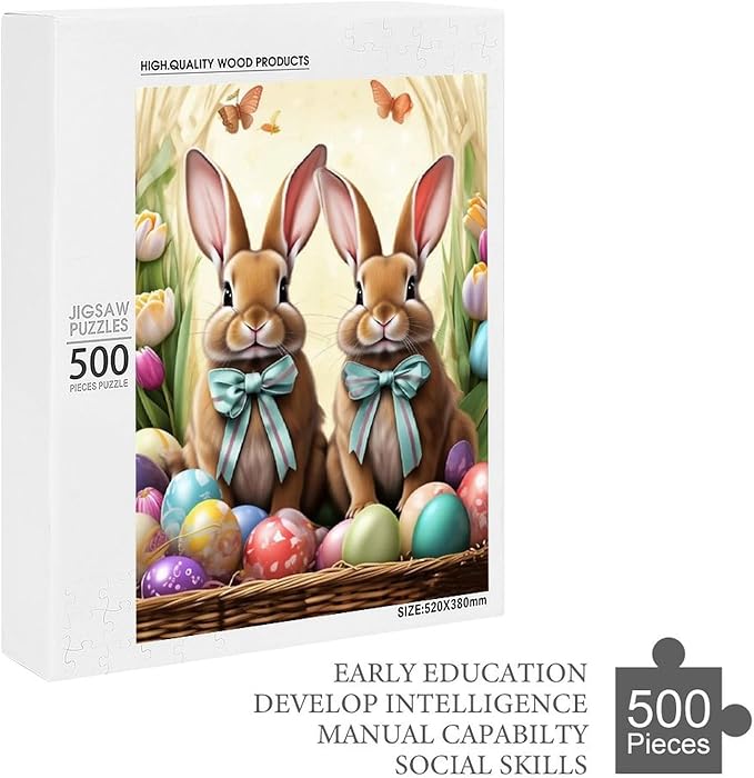 Wooden Puzzle - Easter Bunny and Eggs Jigsaw Puzzles，Wooden Puzzles for Adults 500 Pieces Challenge Puzzles，Educational Games，Family Puzzles，Unique Gifts for Wall Art