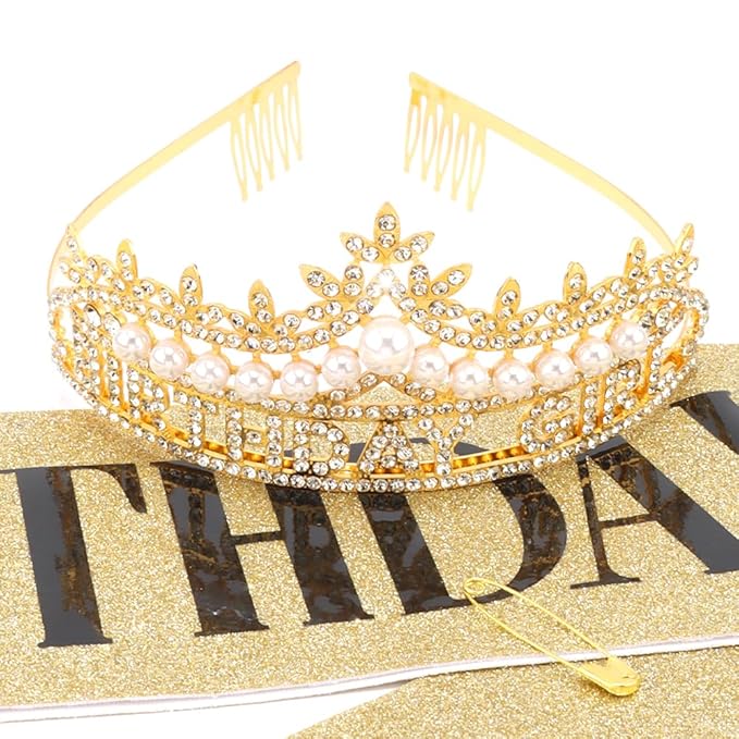 Gold Birthday Girl Crown and Sash, Pearl Birthday Tiara, Gold Birthdays Decorations Set, Princess Crown Tiara for Women and Girls