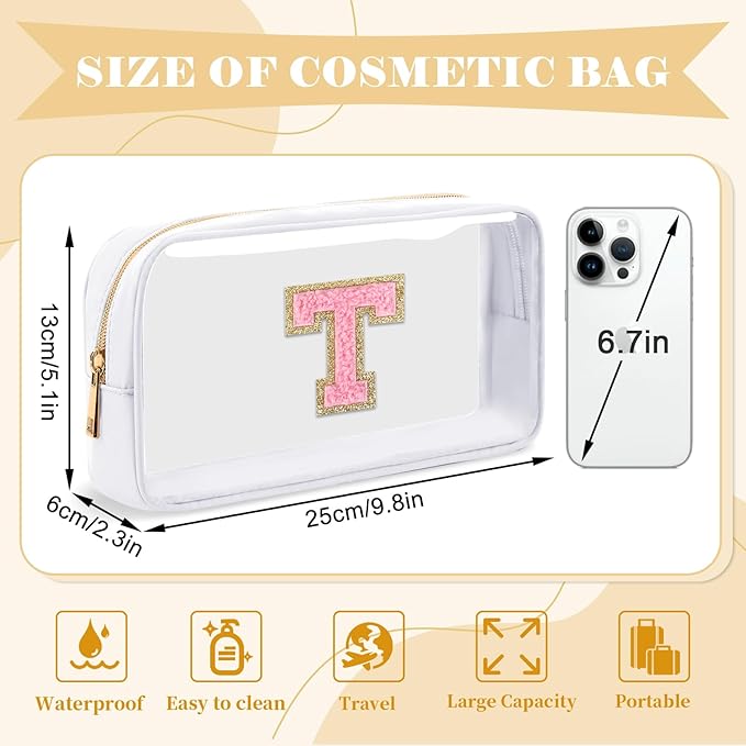 Personalized Initial Letter Clear Makeup Bag,Preppy Small Nylon&PVC Cosmetic Zipper Bag with Chenille Letter,Travel Skincare Toiletry Bag,Monogram Christmas Gift for Teen Girls Women,T