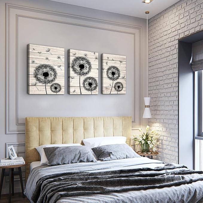 Wall Decor For Living Room Canvas Wall Art For Bedroom Fashion Wall Decorations For Kitchen Abstract Paintings Office Canvas Art Black Dandelion Flowers Hang Pictures Artwork Home Decoration 3 Pieces