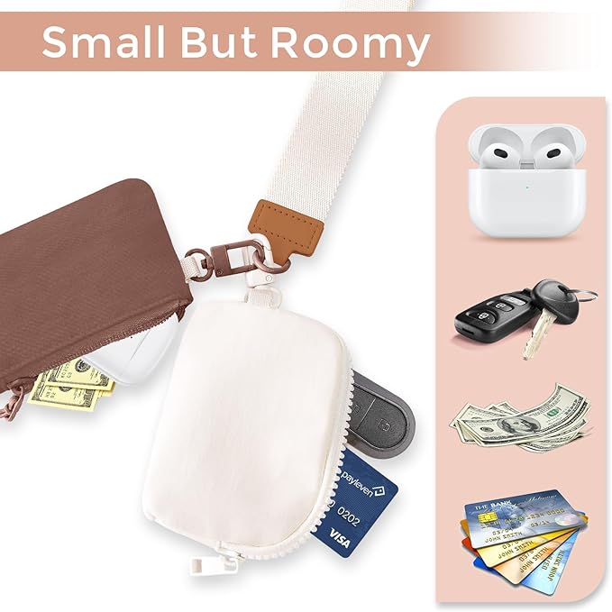 Dual Pouch Wristlet Keychain Wallets for Women with 2 Detachable Zipper Coin Purse - Small and Portable Mini Card Wallet for Women Men Brown+Beige