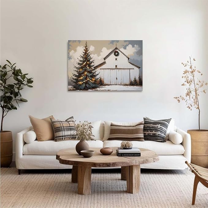 Winter Christmas tree abstract barn print nature country artwork home decor farmhouse canvas poster12x16in(30x40cm)- Unframed