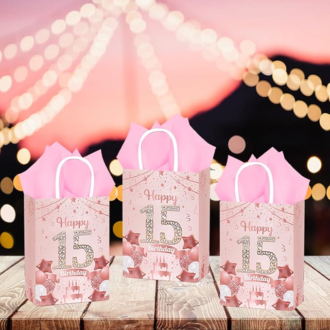 50Pcs 15th Birthday Party Favors Gift Bags Bulk, Black and Gold Happy 15th Gift Candy Wrap Bags with Tissue Paper, Vintage 15th Birthday Decorations Souvenir Bag for Men Women Anniversary Supplies (15th)