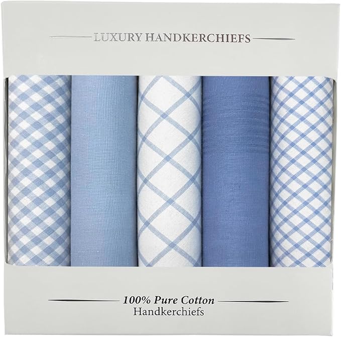 5 Pack Handkerchief Mens Cotton Luxury Hot Silver Gift Box Set, Vintage 40x40cm Fancy Design Pocket Square Hankie Gift Pack