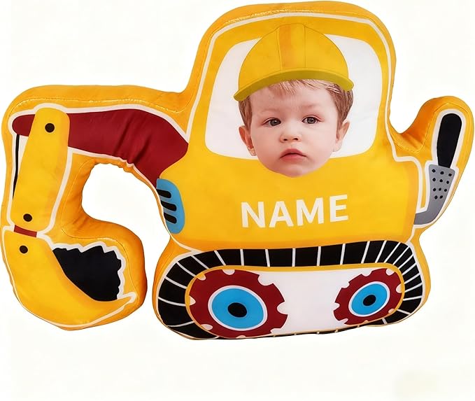Custom Excavator Shaped Pillow with Kids Face and Name Personalized Construction Vehicle Pillow for Boys Customized Soft Plush Pillow for Room Decor Play Perfect Birthday for Kids