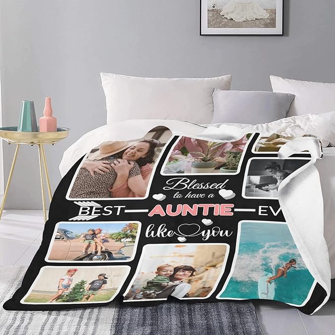 Custom Blanket Gifts with Photos, Personalized Bed Throws for Aunt, Custom Souvenir Throw Blanket for Best Aunt Ever, 8 Collages Made in USA