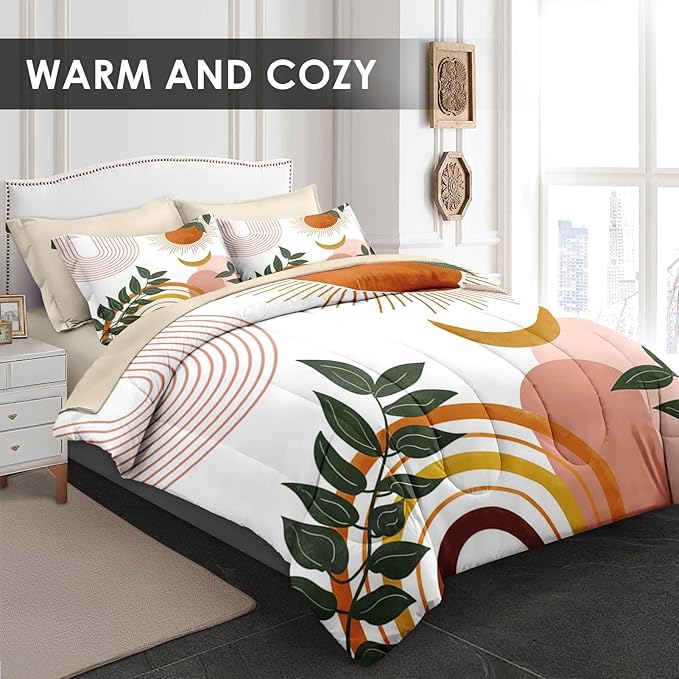 Comforter Set Queen Size, Boho Retro 7 Pcs Bedding for Kids and Adults, Vintage Sunshine Bed Sheet Sets with Fitted Sheet 2 Pillowcase & 2 Sham for Bedroom Bed Decor