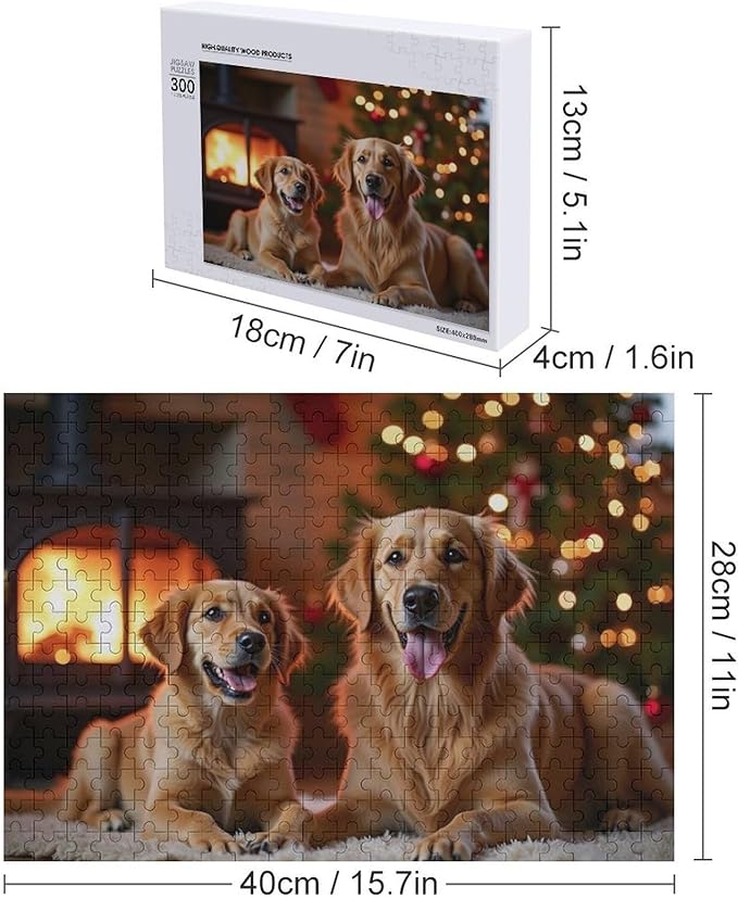 Wooden Puzzle - Golden Retriever in The Christmas House Jigsaw Puzzles，Wooden Puzzles for Adults 300 Pieces Challenge Puzzles，Educational Games，Family Puzzles，Unique Gifts for Wall Art