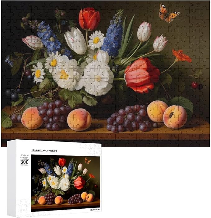Wooden Puzzle - Vase Flower Grapes Peaches Wooden Puzzles for Adults 300 Pieces Challenge Puzzles，Educational Games，Family Puzzles，Unique Gifts for Wall Art ，Funny Puzzles