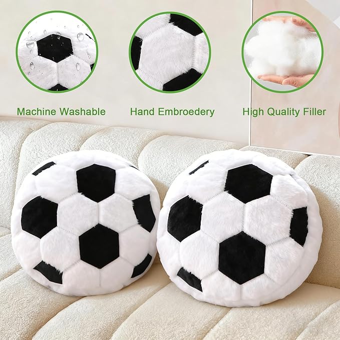 2 Pcs Soccer Pillow, Soft Fluffy Round Cushion Soccer Shaped Throw Pillows, Sports Theme Plush Pillow, Ideal Couch, Bedroom & Soccer Room Decor (15.8 Inch)