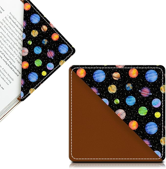 Cute Leather Bookmarks, Fun Triangle Making Corner Bookmark, Book Accessories for Reading Book Lovers, Unbreakable Page Markers for Women Men Colorful Planets Stars