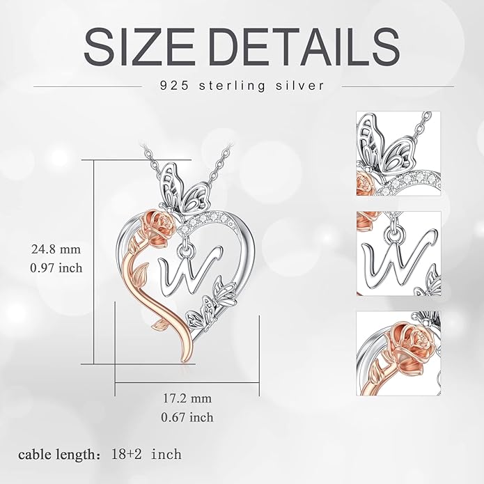 TOUPOP Rose Heart Necklaces Gifts for Women 925 Sterling Silver Butterfly Heart Initial Necklace Anniversary Valentines Day Birthday Jewelry Gifts for Mom Her Wife Girlfriend Daughter