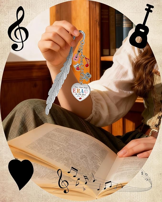 Buleens Bookmarks for Women Reading - Book Marks for Readers Book Lovers, Feather Music Guitar Red Personalized Metal Bookmark with Pendants, Pretty and Aesthetic Book Accessories Reading Gifts