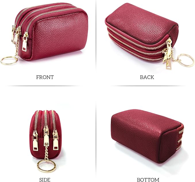 LINNO 3 Zippered Genuine Leather Coin Purse Triple Capacity Change Pouch Little Travel Wallet With Key Ring for Women