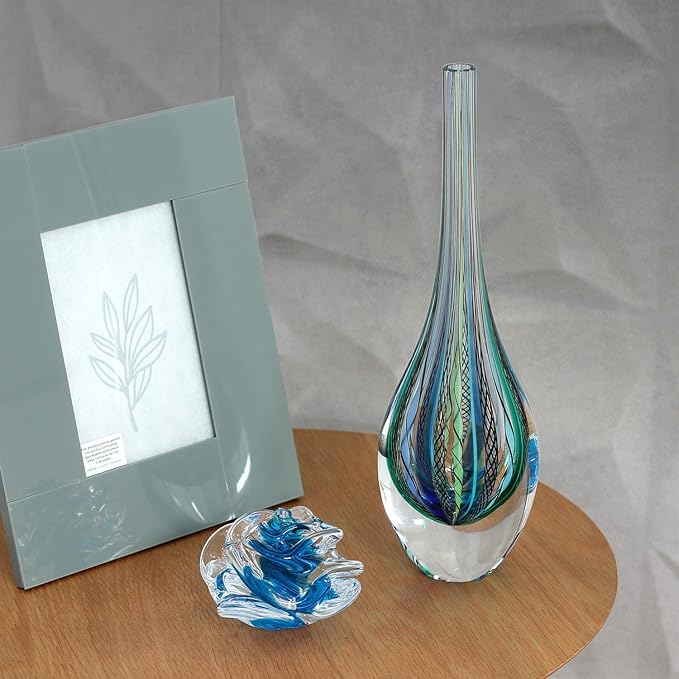 Ca D Oro Small Drop Glass Vase Boho with Blue/Green Canes Hand Blown Murano-Style Art Glass - Model Tall