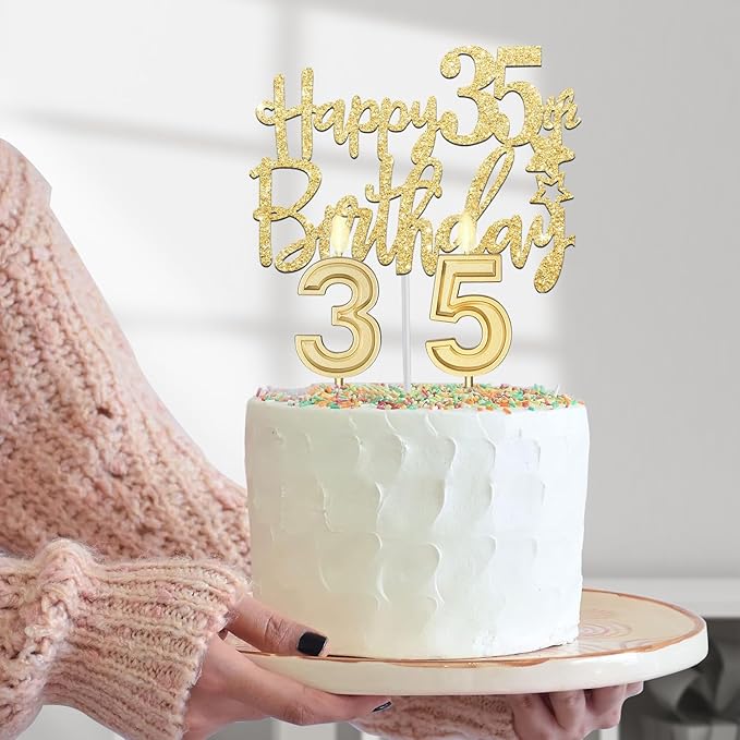 35th Birthday Decorations for Women Gold with 35th Birthday Sash and Tiara, Cake Topper and Candles, Number Balloons, 35 Year Old Gifts for Women
