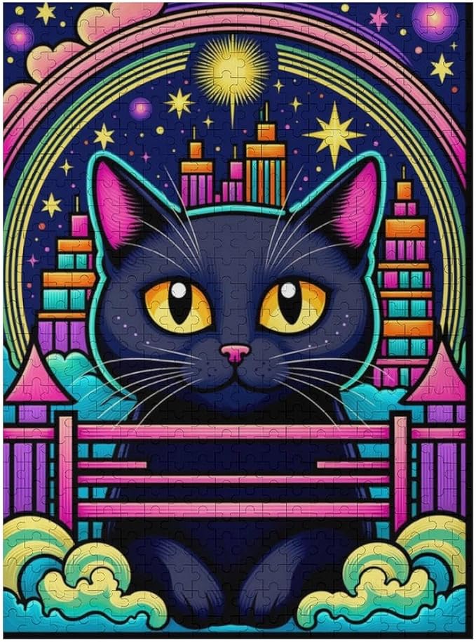 Wooden Puzzle - Dreamy Starry Night Cat Jigsaw Puzzles，Wooden Puzzles for Adults 500 Pieces Challenge Puzzles，Educational Games，Family Puzzles，Unique Gifts for Wall Art