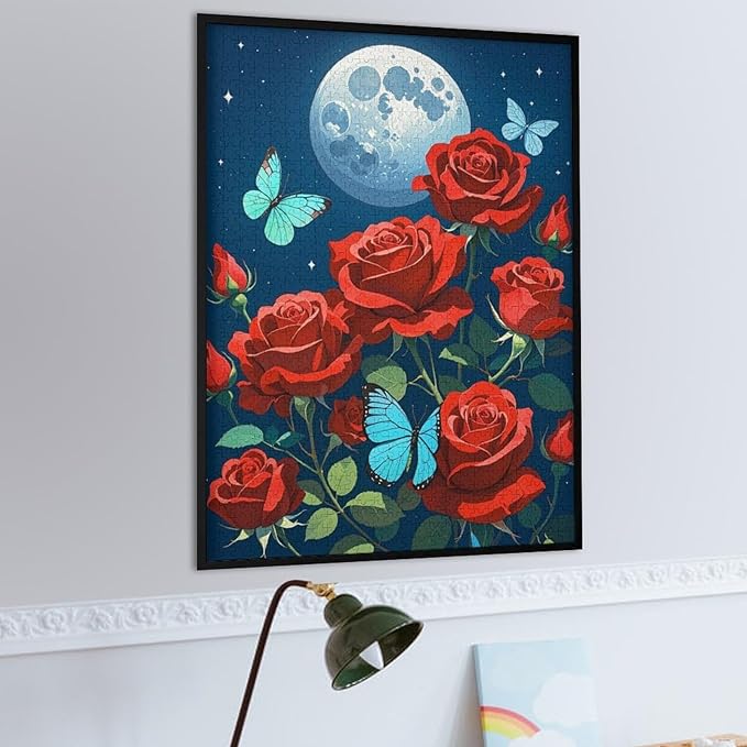 Jigsaw Puzzles for Adults 1000 Piece - Butterfly Red Rose Garden Wooden Puzzles, Funny Puzzles，Unique Gifts for Wall Art，Family Puzzles，Educational Games，Challenge Puzzles