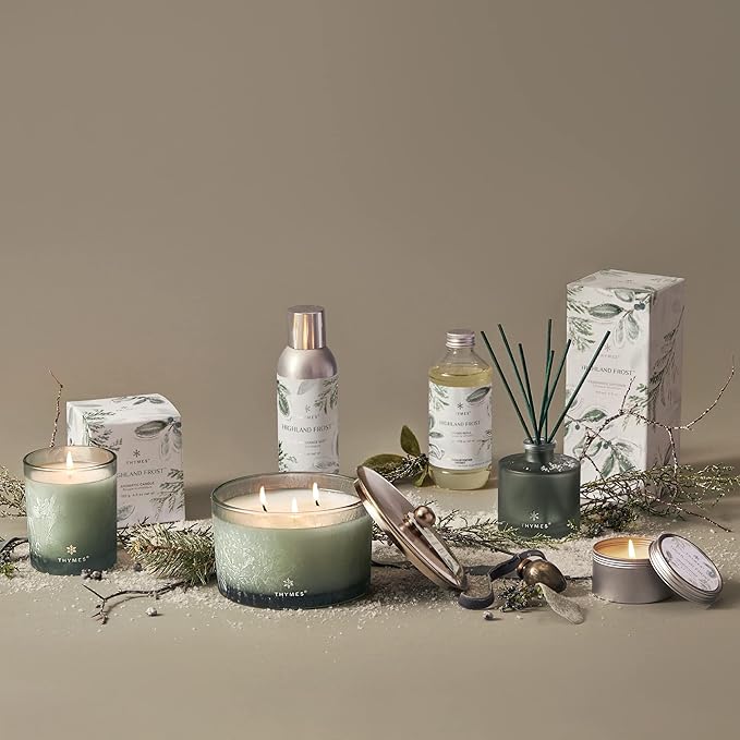Thymes Travel Tin Holiday Candles - Scented Candles for Home Decor - Winter Scents - Christmas Gifts - Luxury Home Fragrance Gifts for Women & Men - Silver (Highland Frost, 2.5 oz)