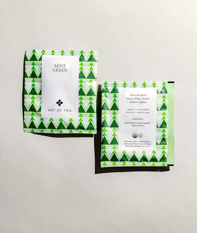 Art of Tea | Organic Mint Green Tea | 50 Count Pyramid Tea Bag Sachets | Spearmint Tea | Organic Peppermint Tea bags