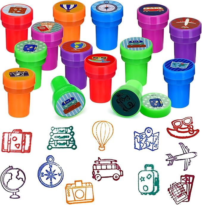 Cinrobiye 24 Pcs Adventure Travel Stampers for Boys Girls, Bon Voyage Birthday Party Supplies Favors, Classroom Rewards, Carnival Prizes, Goody Bag Pinata Fillers for Let the Adventure Begin Party