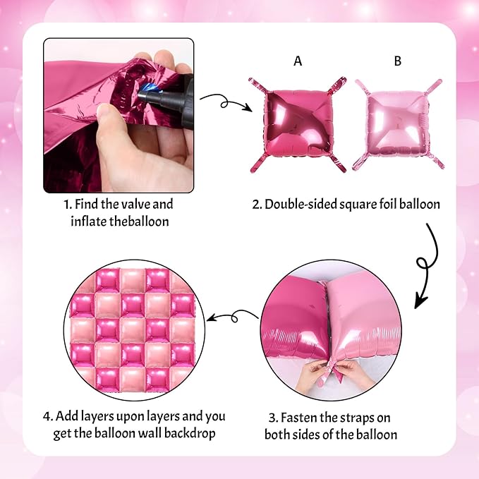 Hot Pink Square Foil Balloon Wall, 25 PCS Double Sided Balloons Flat Hot Magenta Pink Square Balloon Backdrop for Girls Women Bachelorette Anniversary Birthday Party Decoration