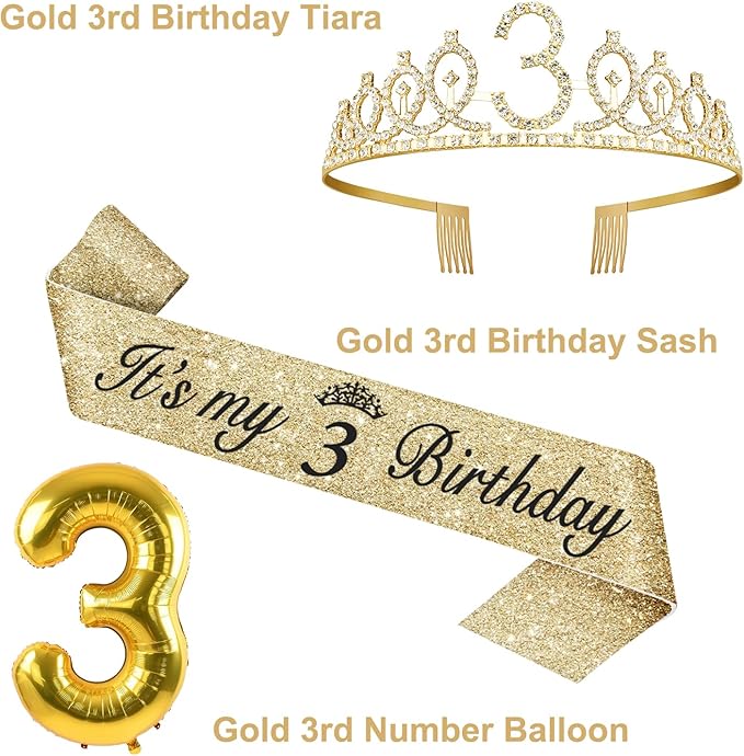 3rd Birthday Decorations for Girls with 3rd Birthday Sash and Toddler Crown, Cake Topper and Candle 3, Number Balloon, 3 Year Old Girl Gifts