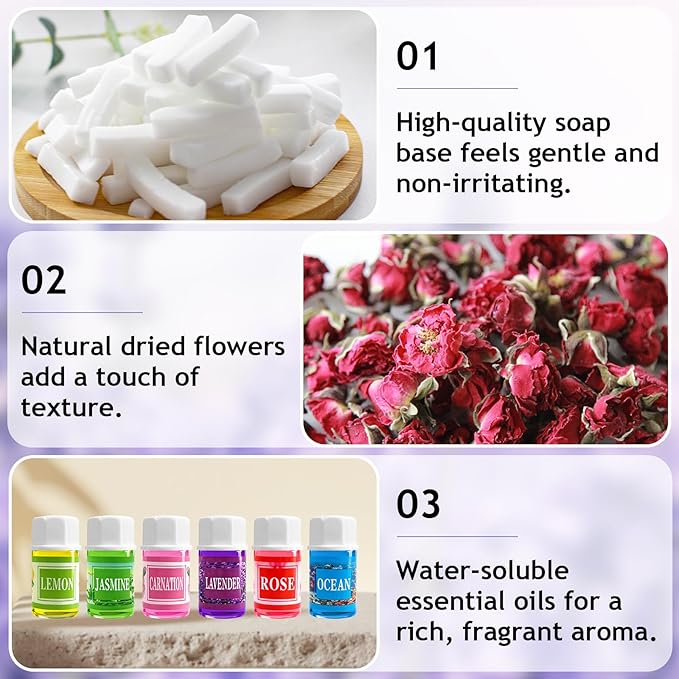 OverZyn Soap Making Kit for Adults, DIY Soap Making Kit Abundant Accessories Contains Mould Soapbase Essential Oils and Dried Flowers Fun Handmade Crafts Beginner Friendly for Homemade Craft