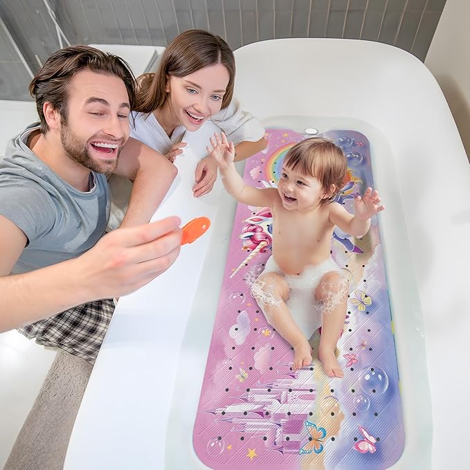XIYUNTE Baby Bath Mat for Tub Non Slip Kids Bath Mat - 40''x16'' Extra Long Cartoon Bathtub Mat Non Slip Kids Shower Mat Eco-Friendly Toddler Bath Mats with Suction Cups, Machine Washable, Unicorn