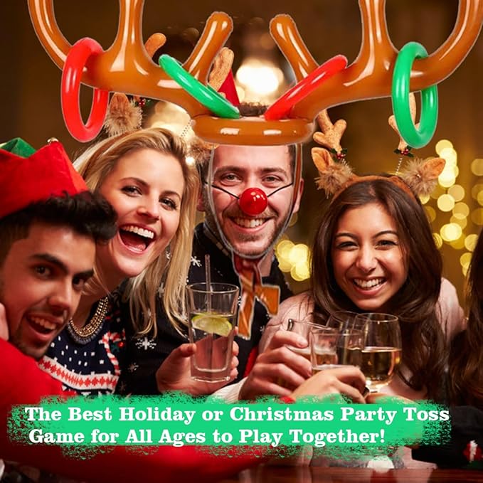 4 Pack Inflatable Reindeer Antler Ring Toss Game (4 Antlers 16 Rings 1 Pump) Reindeer Antler Hat Ring Toss for Xmas Party Great Christmas Games for Families