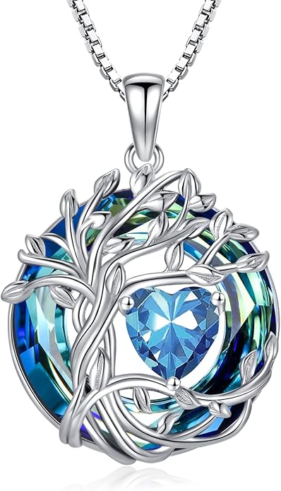 TOUPOP Tree of Life Birthstone Necklace 925 Sterling Silver Pendant Austrian Crystal Jewelry Anniversary Valentine's Day Birthday Gifts for Women Mom Her Wife