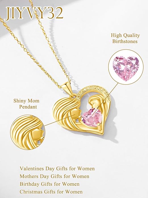 Mother and Daughter/Son Love Heart Necklace White Gold/14K Gold/Rose Gold Birthstone Jewelry Christmas Mothers Day Birthday Gifts For Mom Wife Grandma Women