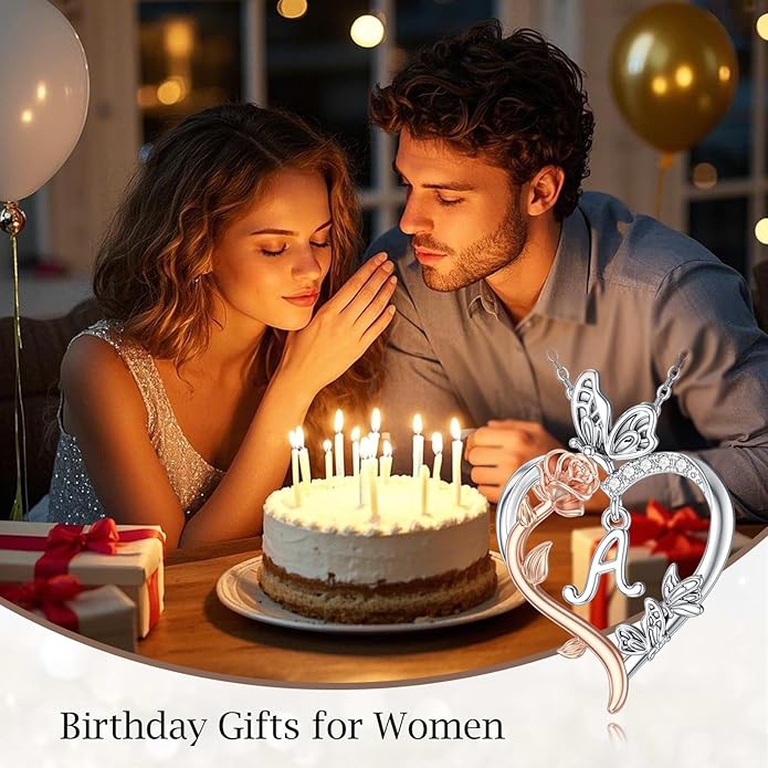 TOUPOP Rose Heart Necklaces Gifts for Women 925 Sterling Silver Butterfly Heart Initial Necklace Anniversary Valentines Day Birthday Jewelry Gifts for Mom Her Wife Girlfriend Daughter