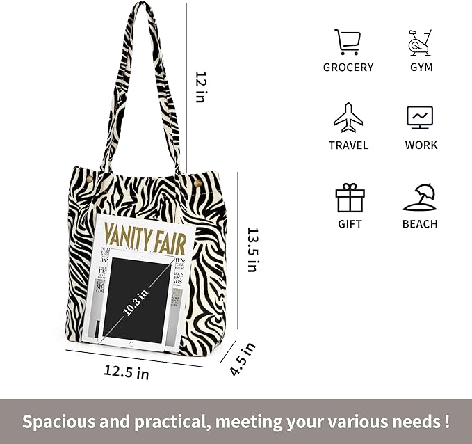 Corduroy Tote Bag Cute Tote Bags for Women Shoulder Bag with Inner Pocket for Work Beach Travel and Shopping Grocery