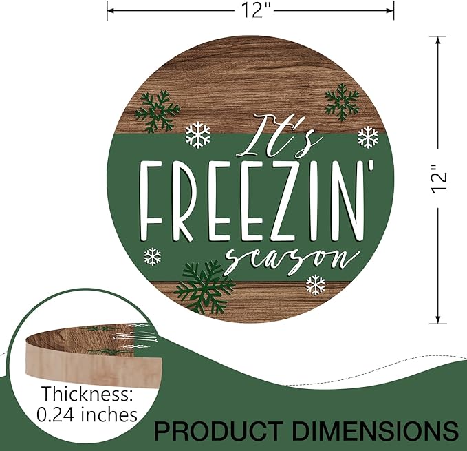 Deroro Winter It's Freezin' Season Green Front Door Sign, Farmhouse Snowflake Wood Hanger Outdoor Outside Porch Decor, Rustic Christmas Wooden Wreath Indoor Wall Hanging Decoration with Plaid Bow