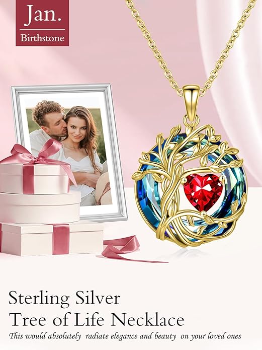 TOUPOP Tree of Life Birthstone Necklace 925 Sterling Silver Pendant Austrian Crystal Jewelry Anniversary Valentine's Day Birthday Gifts for Women Mom Her Wife